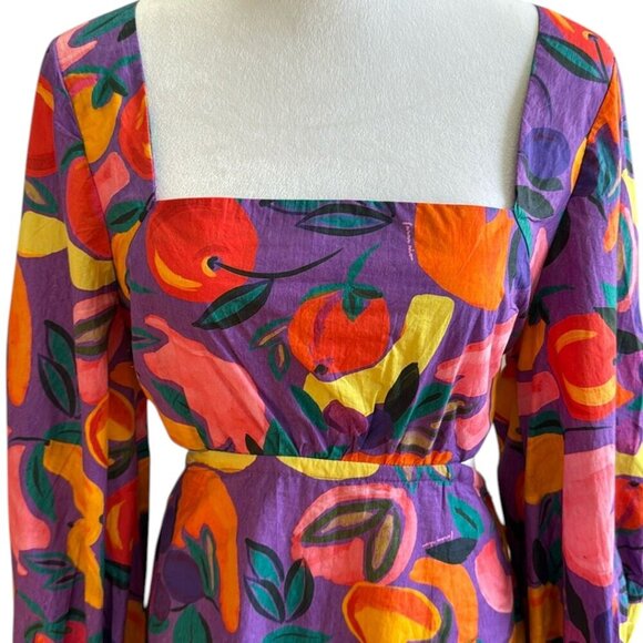 FARM Rio Long-Sleeve Poplin Colorful Open Back Puff Sleeve Mini Dress Size M NWT - Picture 6 of 14